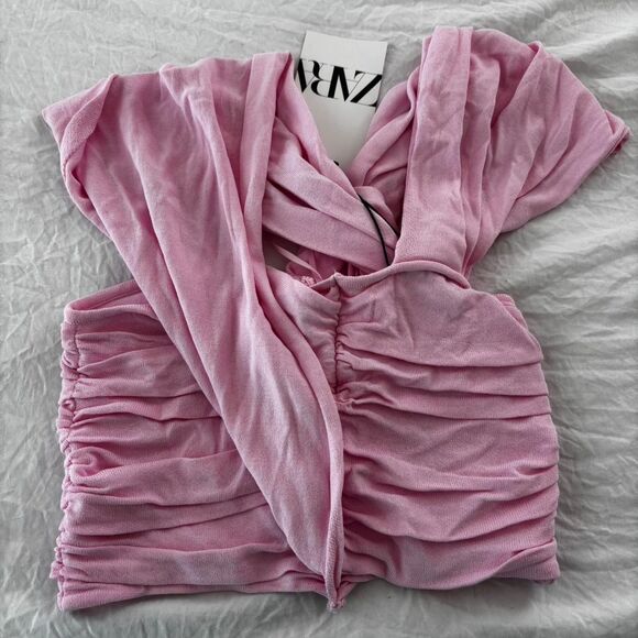 ZARA NWT Dressy Pink Ruffle Tank Women's Small Pink Office Work DinnerTop Blouse - Picture 2 of 3